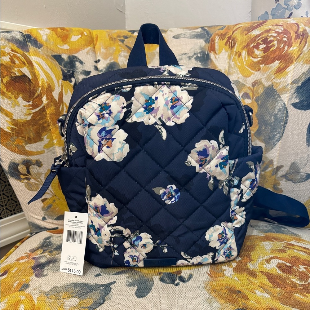 NWT Vera Bradley Convertible Backpack in Navy Blooms and Branches